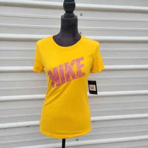 NWT NIKE DRI-FIT RUNNING WOMEN'S SHORT SLEEVE T-SHIRT Gold Yellow Pink Top XS